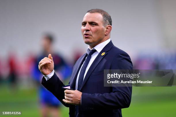 France Manager, Raphael Ibanez looks on prior to the Guinness Six Nations match between France and Wales at Stade de France on March 20, 2021 in...