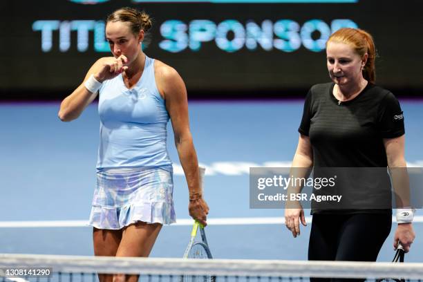 Oksana Kalashnikova of Georgia and Alla Kudryavtseva of Russia playing doubles during their match against Kaitlyn Christian of the United States and...