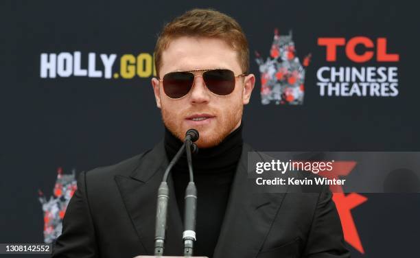 Boxer Canelo Alvarez speaks during his hand and footprint ceremony at TCL Chinese Theatre on March 20, 2021 in Hollywood, California.