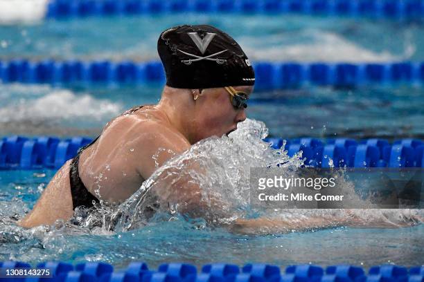 Ella Nelson of the Virginia Cavaliers competes in the preliminary heats of the Women's 200 Yard Breaststroke during the Division I Women’s Swimming &...