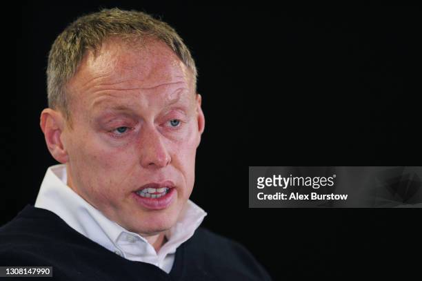 Steve Cooper, Manager of Swansea City talks in a socially distanced press conference after the Sky Bet Championship match between Swansea City and...