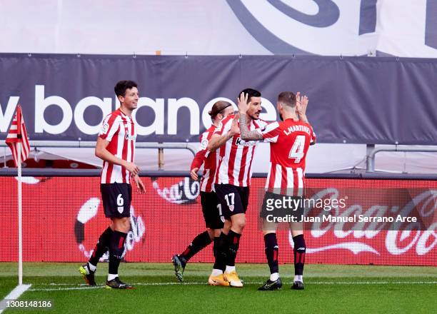 Yuri Berchiche of Athletic Club celebrates after scoring goal during the La Liga Santander match between Athletic Club and SD Eibar at Estadio de San...
