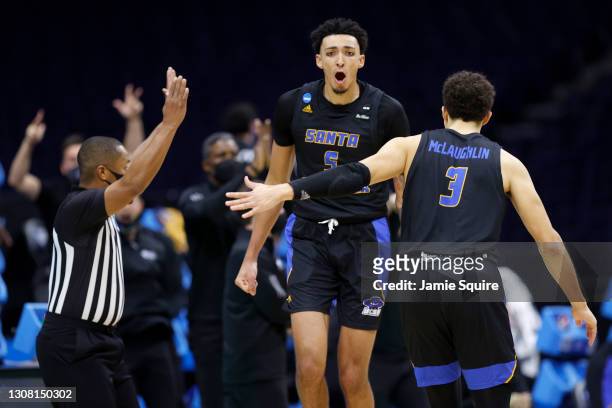 Miles Norris of the UC Santa Barbara Gauchos reacts after his three point basket against the Creighton Bluejays during the second half in the first...