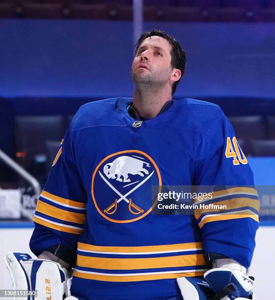 Carter Hutton of the Buffalo Sabres before the game against the Boston Bruins at KeyBank Center on March 18, 2021 in Buffalo, New York.