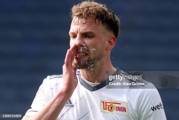 Marvin Friedrich of Union reacts during the Bundesliga match between Eintracht Frankfurt and 1. FC Union Berlin at Deutsche Bank Park on March 20,...