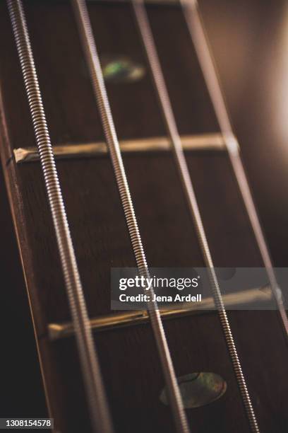 bass guitar closeup guitar strings and fretboard - basso foto e immagini stock