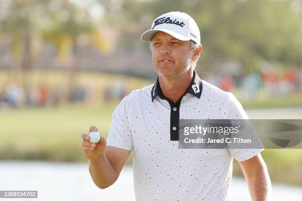 Matt Jones of Australia reacts on the 16th green during the third round of The Honda Classic at PGA National Champion course on March 20, 2021 in...