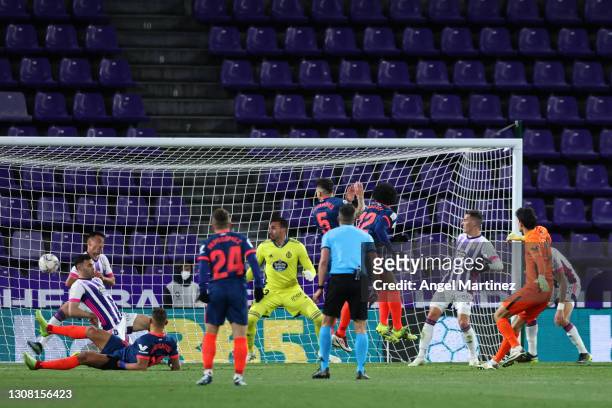 Yassine Bounou of Sevilla FC scores their team's first goal during the La Liga Santander match between Real Valladolid CF and Sevilla FC at Estadio...