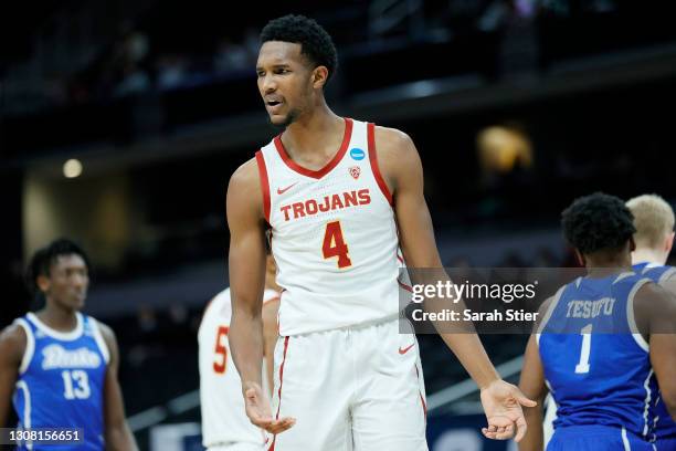 Evan Mobley of the USC Trojans reacts during the second half against the Drake Bulldogs in the first round game of the 2021 NCAA Men's Basketball...