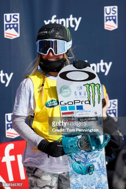 Jamie Anderson of the United States reacts at the finish line of the women's snowboard slopestyle final during Day 3 of the Land Rover U.S. Grand...