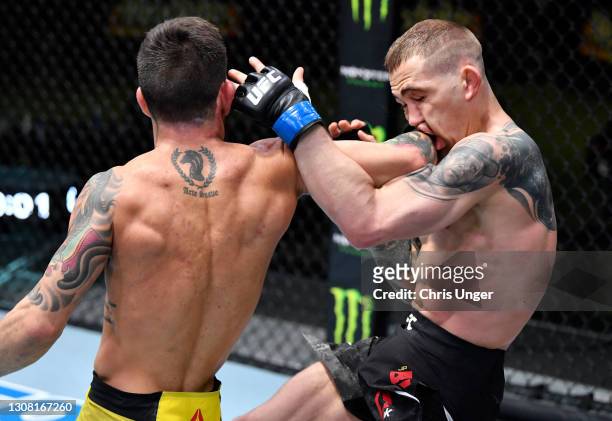 Bruno Silva of Brazil lands a spinning back elbow against JP Buys of South Africa in their flyweight fight during the UFC Fight Night event at UFC...
