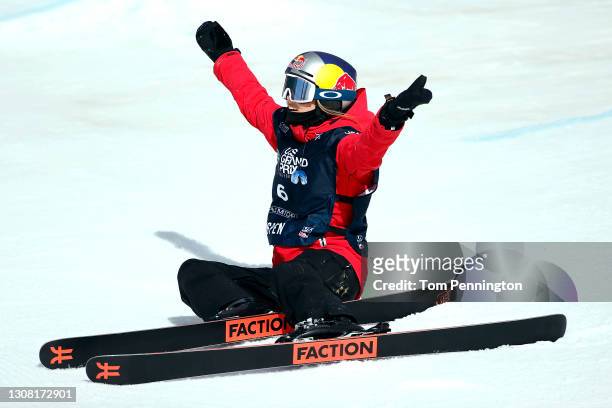 Ailing Eileen Gu of China reacts after crashing during the women's freeski slopestyle final during Day 3 of the Land Rover U.S. Grand Prix World Cup...