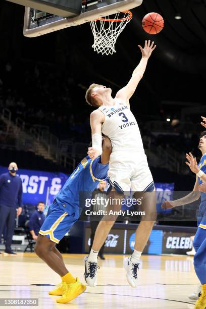 Matt Haarms of the Brigham Young Cougars throws up a shot against the UCLA Bruins in the first round game of the 2021 NCAA Men's Basketball...