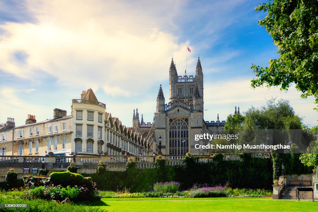 Beautiful scenery of the central of Bath located in United Kingdom shows beautiful building with the green garden in the center of Bath which is the famous place in the United Kingdom for creating the travel destination background.