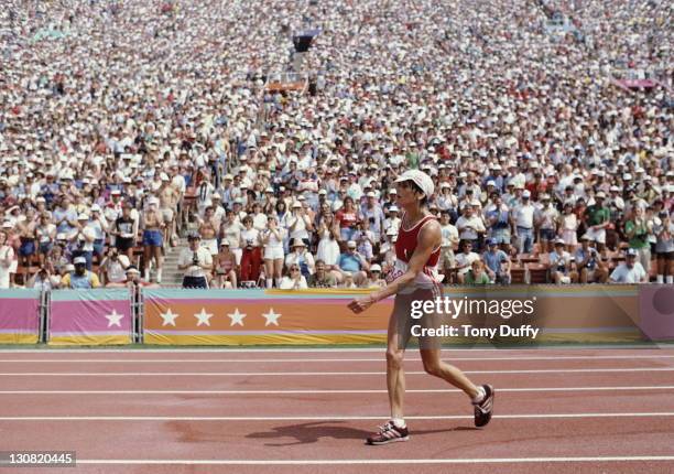 Gaby Andersen-Schiess of Swiitzerland in a state of exhaustion at the finish of the first ever Women's Marathon during the XXIII Olympic Games 5th...