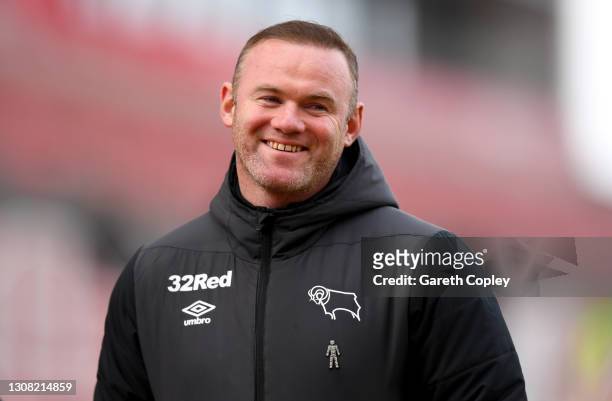 Wayne Rooney, Manager of Derby County looks on prior to the Sky Bet Championship match between Stoke City and Derby County at Bet365 Stadium on March...