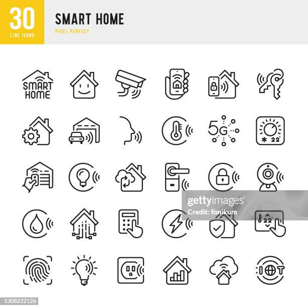 smart home - dünnlinien-vektor-symbol-set. pixel perfekt. das set enthält symbole: smart home, autonomous technology, virtual assistant, biometric system, iot, remote control. - fernbedienung stock-grafiken, -clipart, -cartoons und -symbole