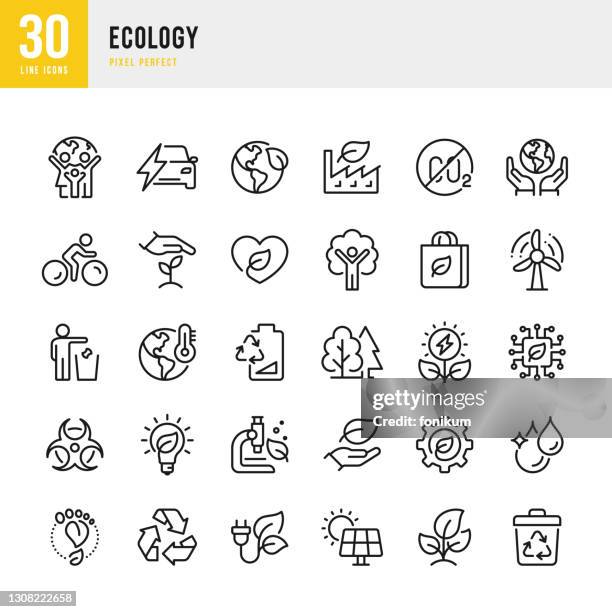 ilustraciones, imágenes clip art, dibujos animados e iconos de stock de ecología - conjunto de iconos vectoriales de línea delgada. píxel perfecto. el conjunto contiene iconos: cambio climático, energía alternativa, vehículo eléctrico, cero residuos, dióxido de carbono, energía solar, energía eólica. - dióxido de carbono