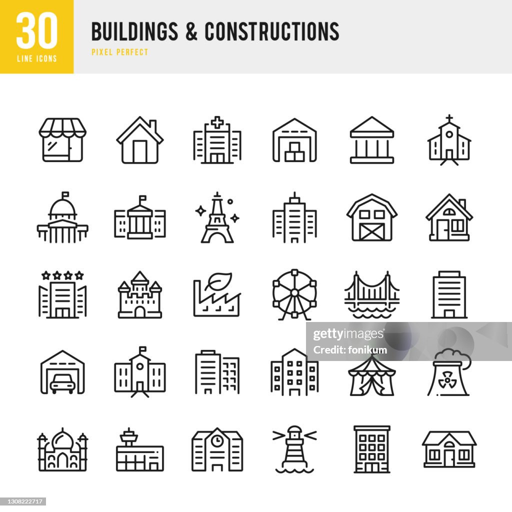Buildings & Constructions - thin line vector icon set. Pixel perfect. The set contains icons: Bank, House, Capitol Building, Skyscraper, Taj Mahal, Eiffel Tower, Bridge, Hospital, Airport, Church, Lighthouse, Factory.