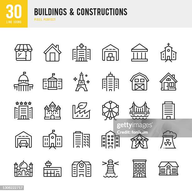 buildings & constructions - thin line vector icon set. pixel perfect. the set contains icons: bank, house, capitol building, skyscraper, taj mahal, eiffel tower, bridge, hospital, airport, church, lighthouse, factory. - white house exterior stock illustrations