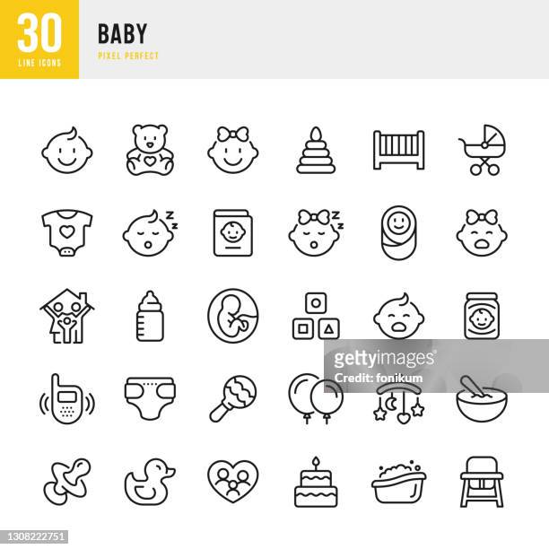 baby - dünnlinien-vektor-symbol-set. pixel perfekt. das set enthält symbole: baby boys, baby girls, familie, neugeborene, babyflasche, baby kinderwagen, krippe, teddybär, geburtstagstorte. - kind stock-grafiken, -clipart, -cartoons und -symbole