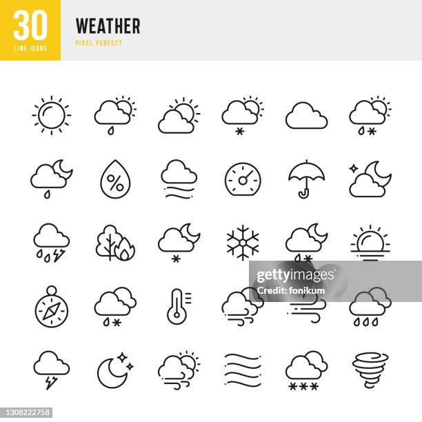 ilustrações, clipart, desenhos animados e ícones de tempo - conjunto de ícones vetoriais de linha fina. pixel perfeito. o conjunto contém ícones: verão, inverno, sol, lua, vento, neblina, neve, chuva, furacão. - orvalho