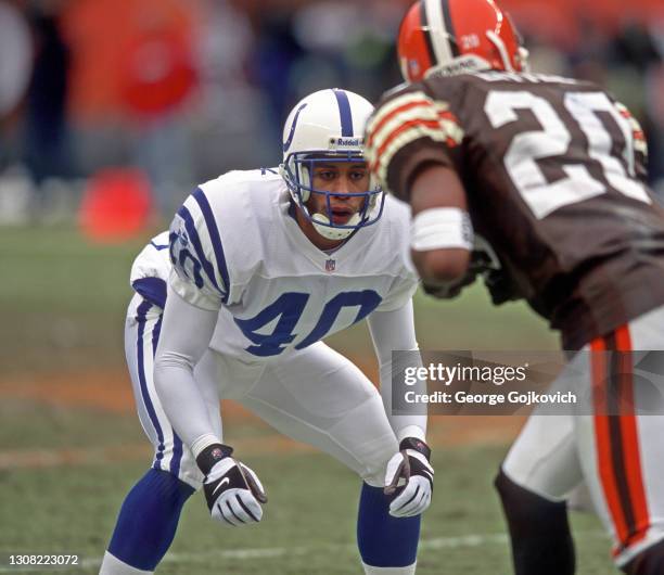 Defensive back Eric Smedley of the Indianapolis Colts looks across the line of scrimmage at defensive back Earl Little of the Cleveland Browns as the...