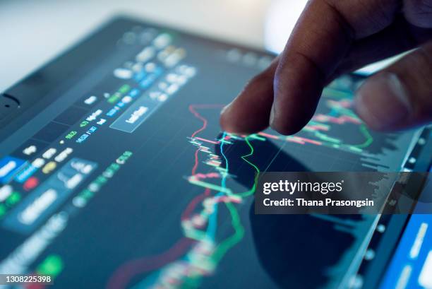 market analyze with digital monitor focus on tip of finger. - news ticker imagens e fotografias de stock