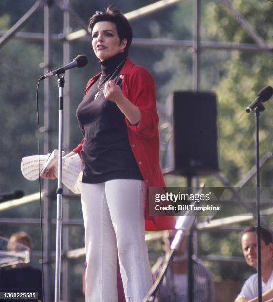 June 18: MANDATORY CREDIT Bill Tompkins/Getty Images Liza Minelli speaking at the Gay Games on the Great Lawn in Central Park on June 18th, 1994 in...