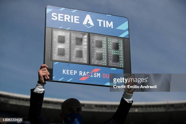 Fourth officials board is seen with the words "Keep Racism Out" on prior to the Serie A match between Hellas Verona FC and Atalanta BC at Stadio...