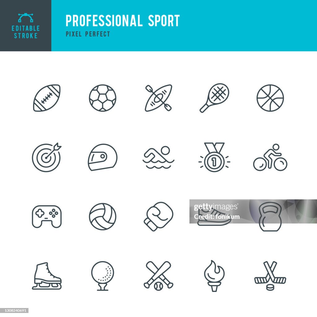 PROFESSIONAL SPORT - Dünnlinien-Vektor-Symbol-Set. Bearbeitbarer Strich. Pixel perfekt. Das Set enthält Symbole: Fußball, American Football, Basketball, Baseball, Boxen, eSports, Eishockey, Schwimmen, Eiskunstlauf, Golf, Olympische Fackel.
