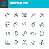 PROFESSIONAL SPORT - thin line vector icon set. Editable stroke. Pixel perfect. The set contains icons: Soccer, American Football, Basketball, Baseball, Boxing, eSports, Ice Hockey, Swimming, Figure Skating, Golf, Olympic Torch.