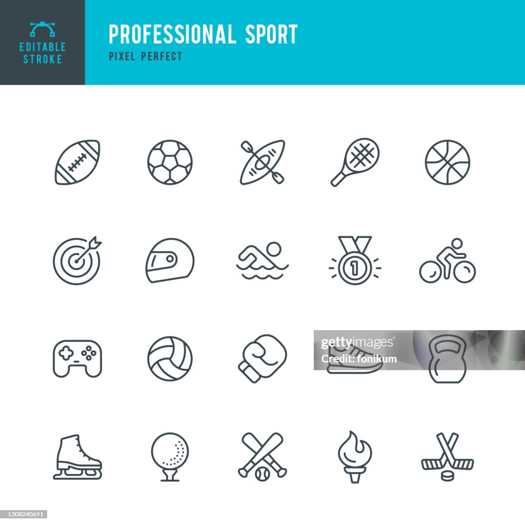 PROFESSIONAL SPORT - thin line vector icon set. Editable stroke. Pixel perfect. The set contains icons: Soccer, American Football, Basketball, Baseball, Boxing, eSports, Ice Hockey, Swimming, Figure Skating, Golf, Olympic Torch.