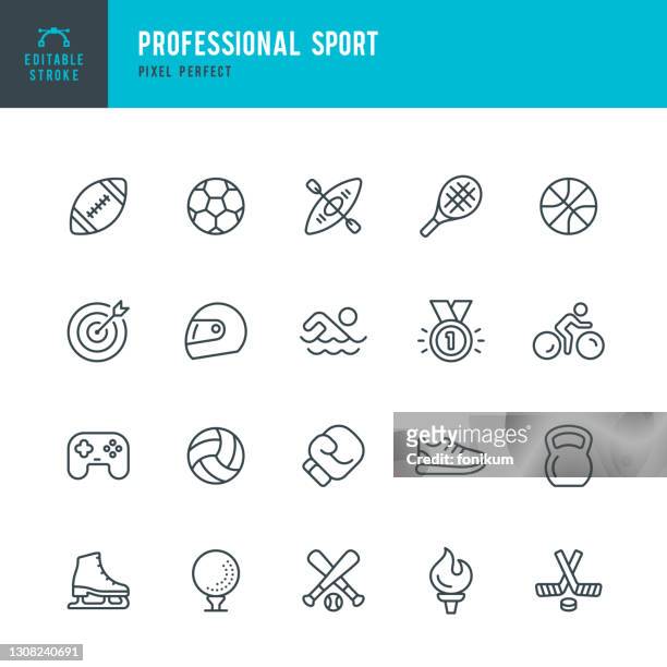 professional sport - thin line vector icon set. editable stroke. pixel perfect. the set contains icons: soccer, american football, basketball, baseball, boxing, esports, ice hockey, swimming, figure skating, golf, olympic torch. - american football sport stock illustrations