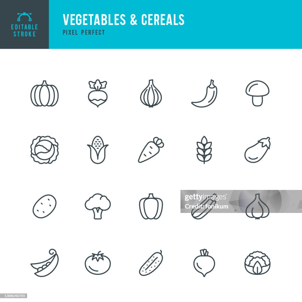 LÉGUMES & CÉRÉALES - ensemble d’icônes vectorielles à ligne mince. Coup modifiable. Pixel parfait. L’ensemble contient des icônes: Brocoli, Chou-fleur, Carotte, Chou, Pois Verts, Maïs, Tomate, Pomme de terre, Citrouille, Poivre, Oignon.