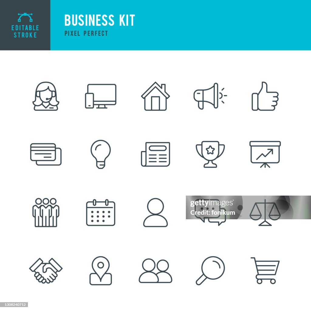 BUSINESS KIT - dunne lijn vector pictogram set. Pixel perfect. Bewerkbare lijn. De set bevat pictogrammen: Team, Award, Support, Handshake, Megaphone, Credit Card, Diagram, Shopping, Thumbs Up.