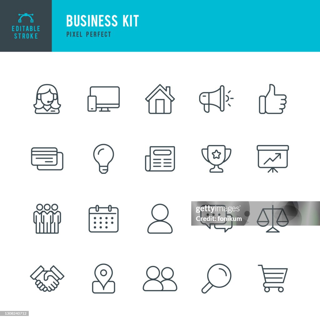 業務套件 - 細線向量圖示集。圖元完美。可編輯的筆劃。該集包含圖示：團隊，獎勵，支援，握手，擴音器，信用卡，圖表，購物，豎起大拇指。