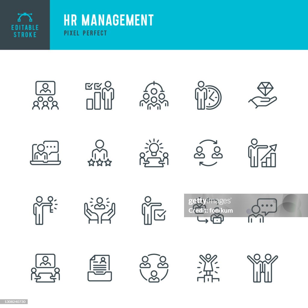 HR MANAGEMENT - thin line vector icon set. Pixel perfect. Editable stroke. The set contains icons: Cooperation, Winner, Manager, Brainstorming, Key To Success, Job Retraining, Web Conference.