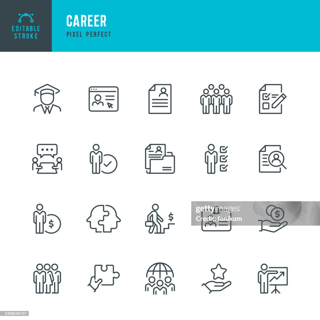 CAREER - conjunto de iconos vectoriales de línea delgada. Píxel perfecto. Trazo editable. El conjunto contiene iconos: Trabajo en equipo, Currículum, Negocio global, Recursos humanos, Crecimiento profesional, Salario, Presentación.
