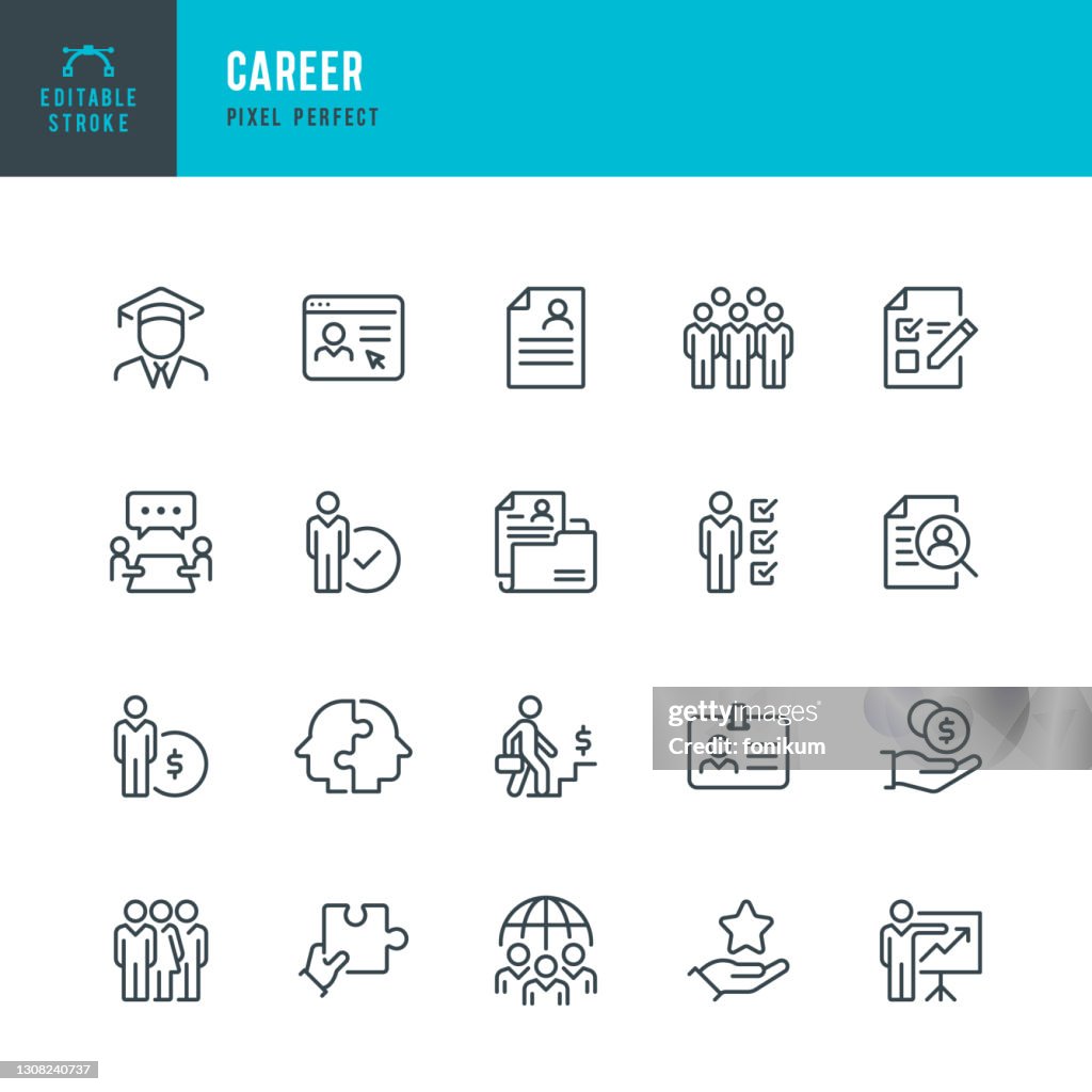 CARREIRA - conjunto de ícones de vetor de linha fina. Pixel perfeito. Golpe editável. O conjunto contém ícones: Trabalho em equipe, Currículo, Negócios Globais, Recursos Humanos, Crescimento da Carreira, Salário, Apresentação.