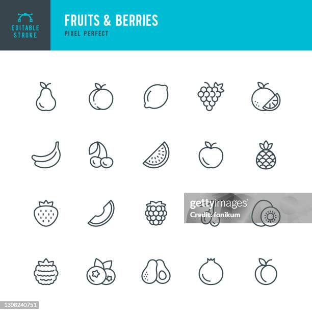 bildbanksillustrationer, clip art samt tecknat material och ikoner med frukt &amp; bär - tunn linje vektor ikonuppsättning. pixel perfekt. redigerbar linje. setet innehåller ikoner: orange, banana, kiwi, apple, blueberry, strawberry, pear, peach, lemon, avocado, ananas. - bär