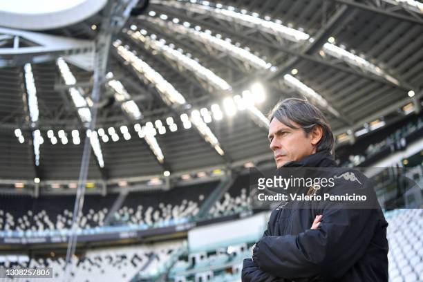 Filippo Inzaghi, Head Coach of Benevento Calcio looks on prior to the Serie A match between Juventus and Benevento Calcio at Allianz Stadium on March...