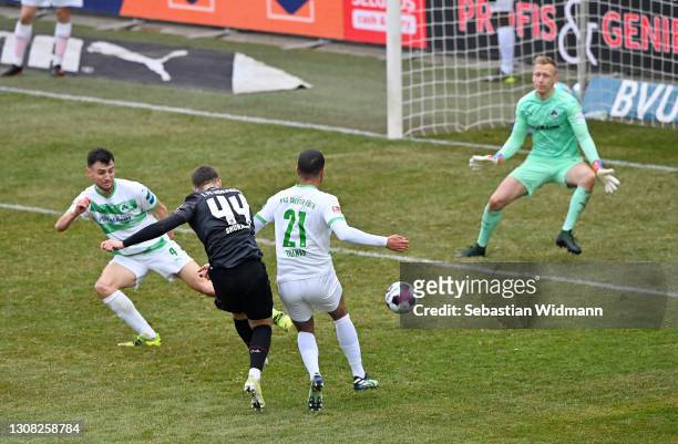 Erik Shuranov of 1.FC Nurnberg scores their side's second goal past Sascha Burchert of SpVgg Greuther Furth during the Second Bundesliga match...