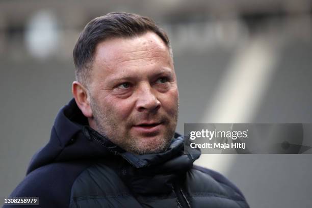 Pál Dárdai, Head Coach of Hertha Berlin looks on prior to the Bundesliga match between Hertha BSC and Bayer 04 Leverkusen at Olympiastadion on March...