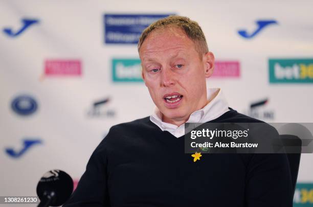Steve Cooper, Manager of Swansea City talks in a socially distanced press conference after the Sky Bet Championship match between Swansea City and...