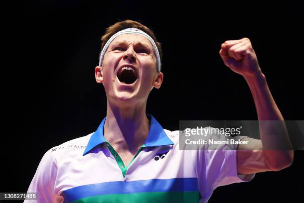 Viktor Axelsen of Denmark celebrates a point during the Men's Final against Lee Zii Jia of Malaysia during day five of YONEX All England Open...