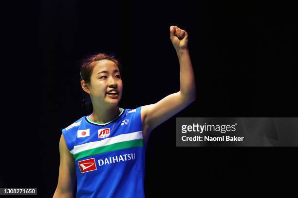 Nozomi Okuhara of Japan celebrates match point after her victory in the Women's single final against Pornpawee Chochuwong of Thailand during day five...