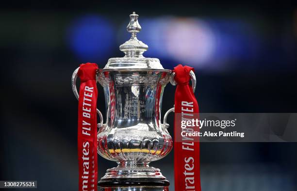 Detailed view of the Emirates FA Cup Trophy is seen prior to the Emirates FA Cup Quarter Final match between Leicester City and Manchester United at...