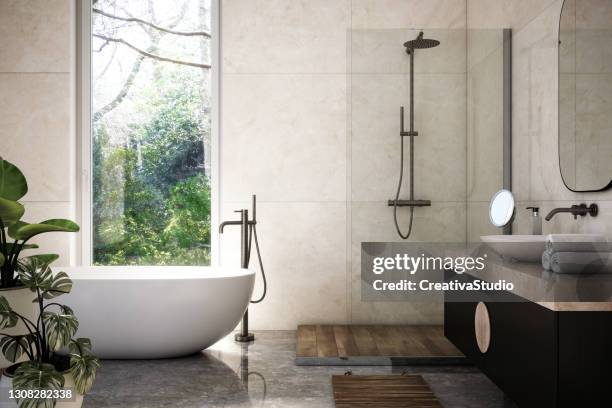 modern bathroom interior stock photo - bright bathroom stock pictures, royalty-free photos & images