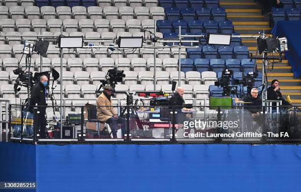 Sport TV Presenters Dion Dublin, Alan Shearer and Gary Lineker watch the game from their TV Studio during the Emirates FA Cup Quarter Final match...